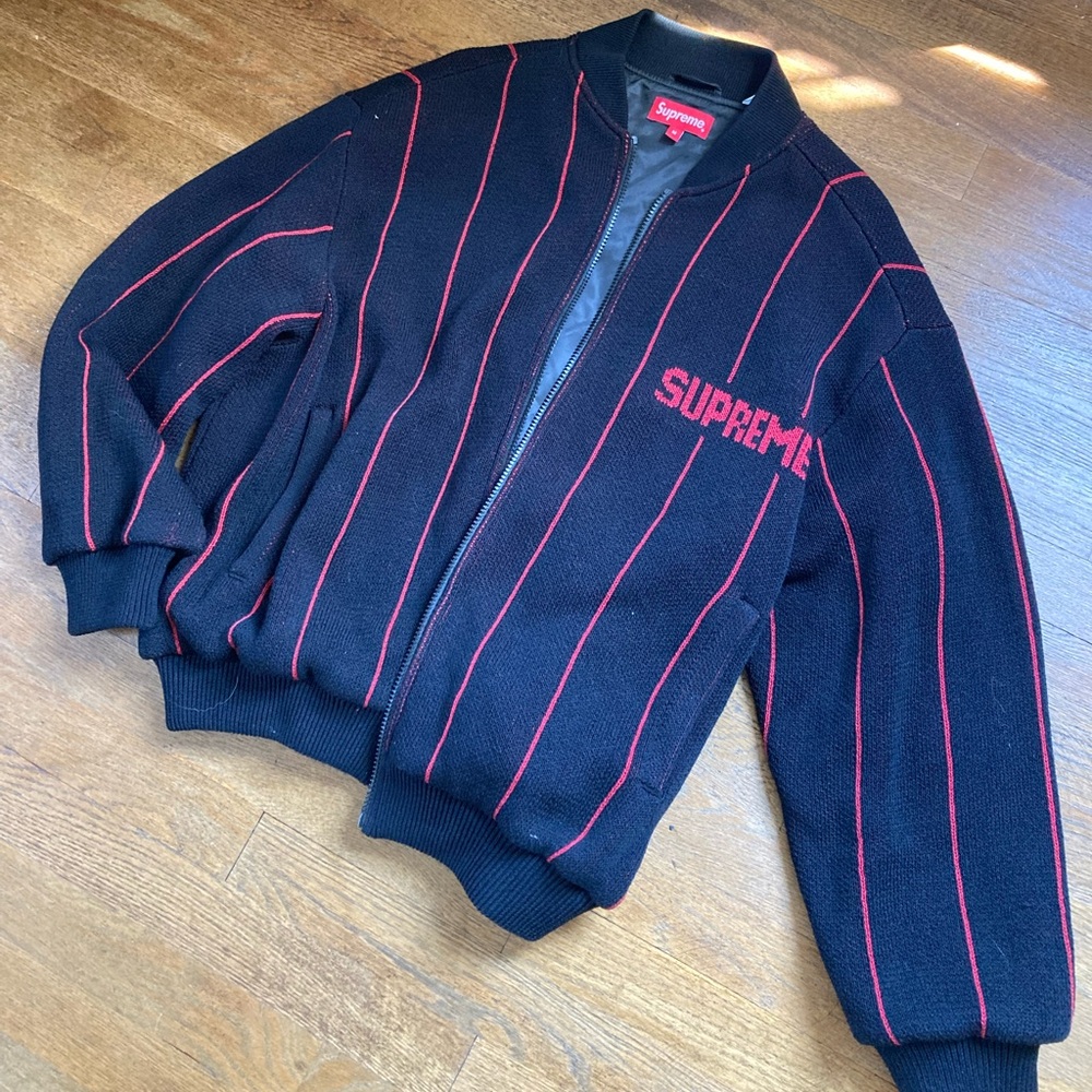 supreme pinstripe varsity zip up jacket